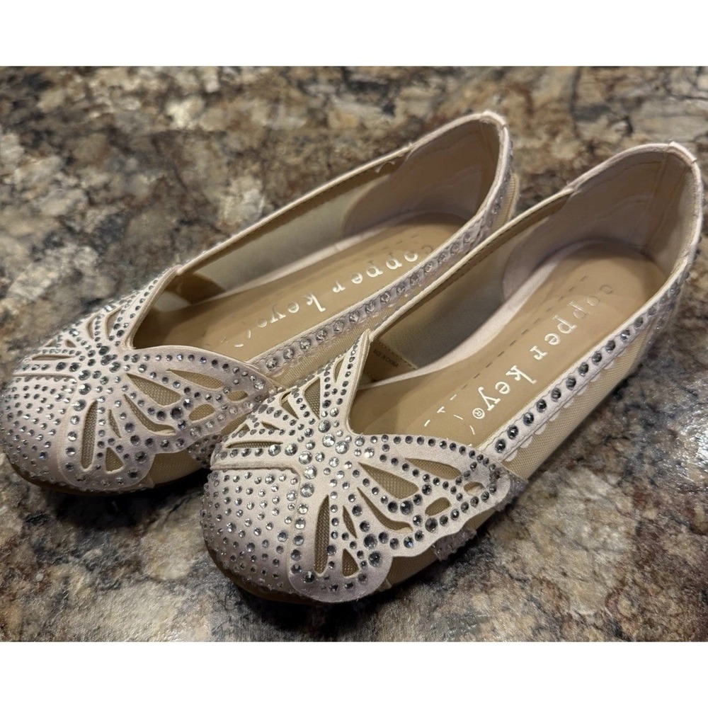 Copper Key Ritzie Satin Mesh Rhinestone Butterfly Dress Flats Girls Size 12 EUC